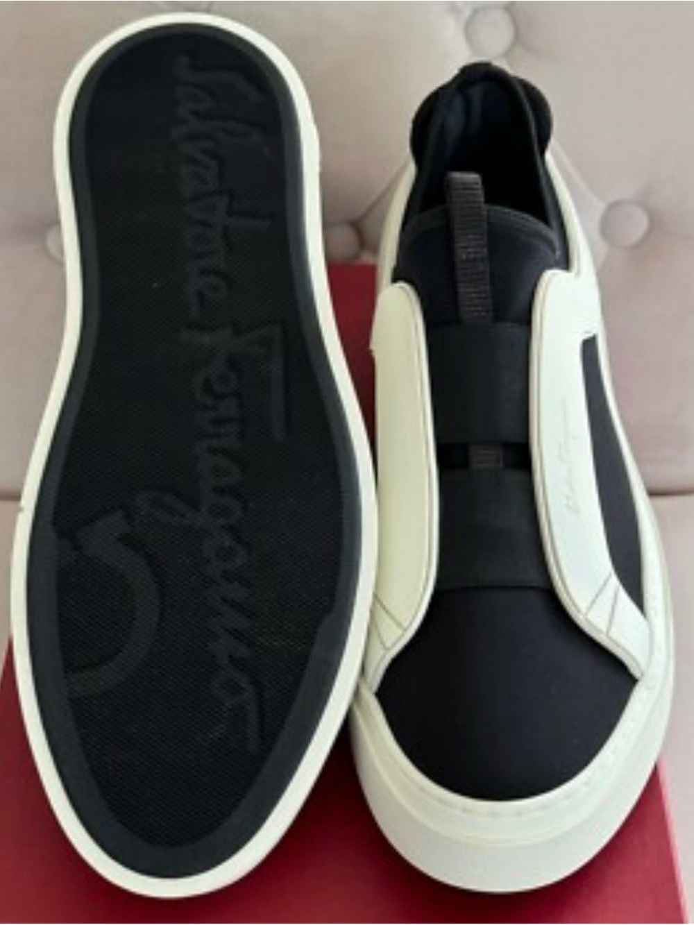 Salvatore Ferragamo Black and White Slip-On Loafers